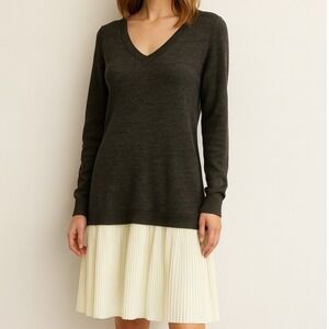 The Limited V Neck Sweater Dress with Pleated Skirt Charcoal Medium Wool Blend